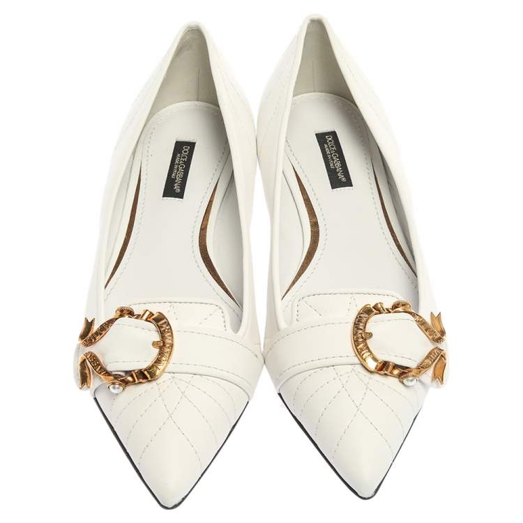 Pre Owned Dolce & Gabbana White Quilted Leather Devotion Embellished Pointed Toe Ballet Flats Size 37