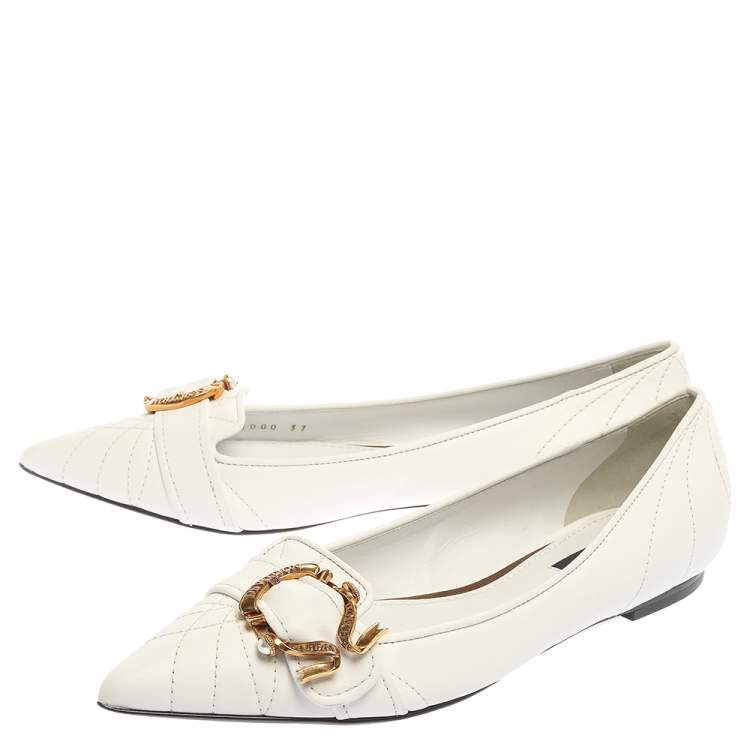 Pre Owned Dolce & Gabbana White Quilted Leather Devotion Embellished Pointed Toe Ballet Flats Size 37