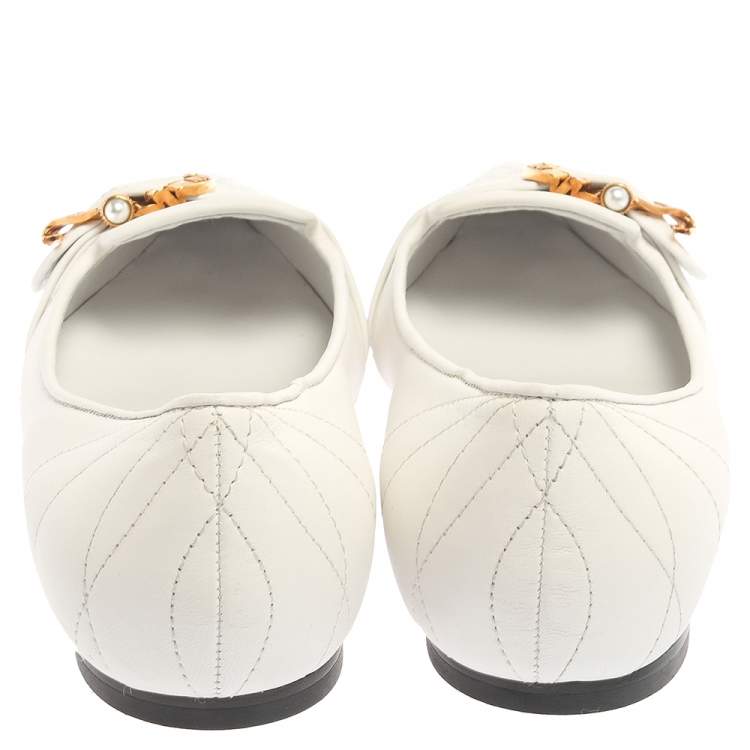 Pre Owned Dolce & Gabbana White Quilted Leather Devotion Embellished Pointed Toe Ballet Flats Size 37