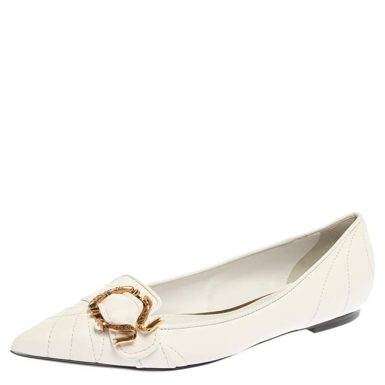 Pre Owned Dolce & Gabbana White Quilted Leather Devotion Embellished Pointed Toe Ballet Flats Size 37