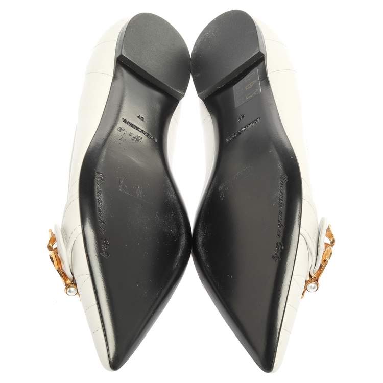 Pre Owned Dolce & Gabbana White Quilted Leather Devotion Embellished Pointed Toe Ballet Flats Size 37