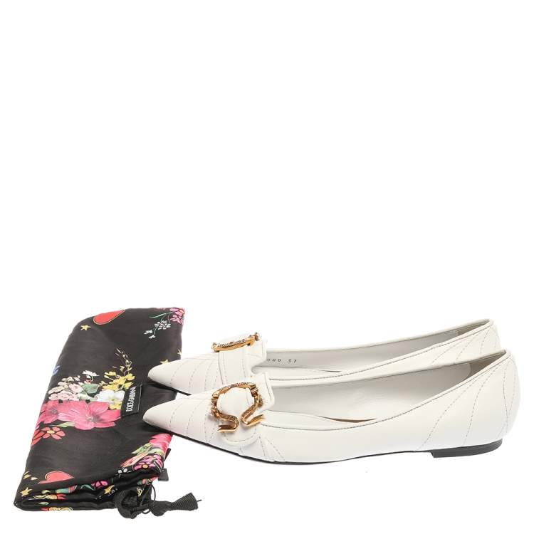Pre Owned Dolce & Gabbana White Quilted Leather Devotion Embellished Pointed Toe Ballet Flats Size 37