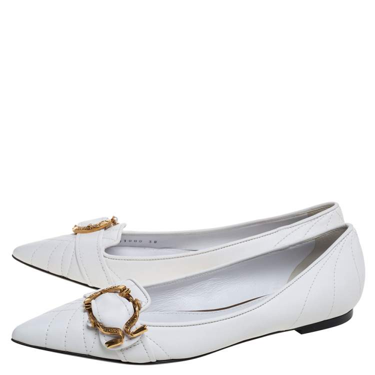 Pre Owned Dolce & Gabbana White Leather Matelassé Devotion Pointed Toe Ballet Flats Size 38