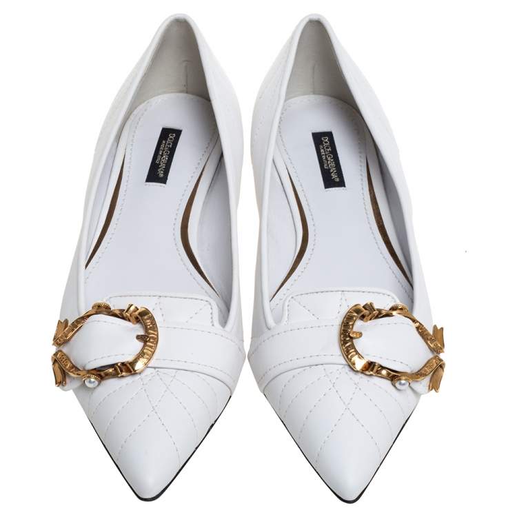 Pre Owned Dolce & Gabbana White Leather Matelassé Devotion Pointed Toe Ballet Flats Size 38