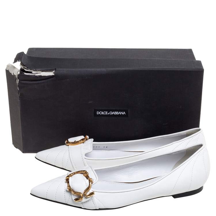Pre Owned Dolce & Gabbana White Leather Matelassé Devotion Pointed Toe Ballet Flats Size 38