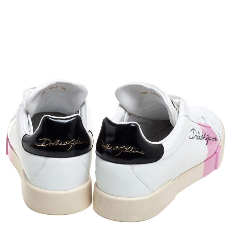 مملوكة مسبقًا Dolce & Gabbana White And Black Leather Portofino Low Top Sneakers Size 39