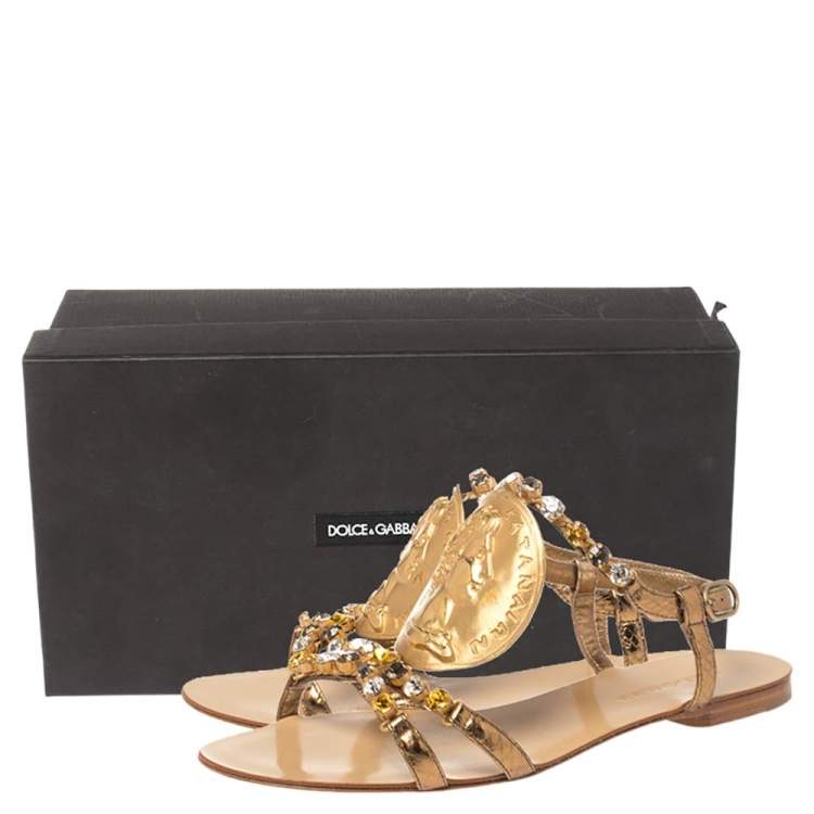 Pre Owned Dolce & Gabbana Metallic Gold Python Embossed Leather Embellished Ayers Flat Sandals Size 38