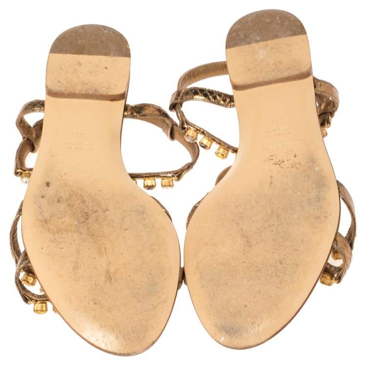 Pre Owned Dolce & Gabbana Metallic Gold Python Embossed Leather Embellished Ayers Flat Sandals Size 38