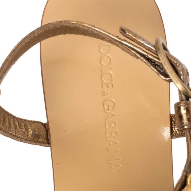 Pre Owned Dolce & Gabbana Metallic Gold Python Embossed Leather Embellished Ayers Flat Sandals Size 38