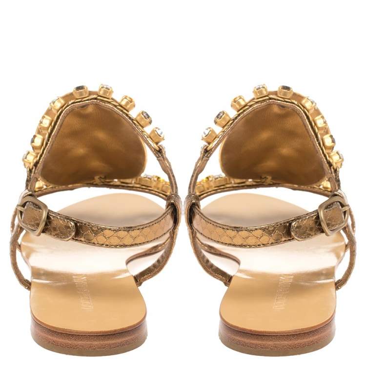 Pre Owned Dolce & Gabbana Metallic Gold Python Embossed Leather Embellished Ayers Flat Sandals Size 38