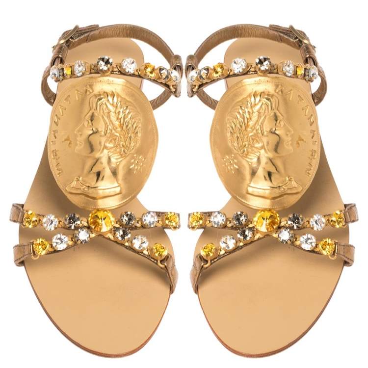 Pre Owned Dolce & Gabbana Metallic Gold Python Embossed Leather Embellished Ayers Flat Sandals Size 38