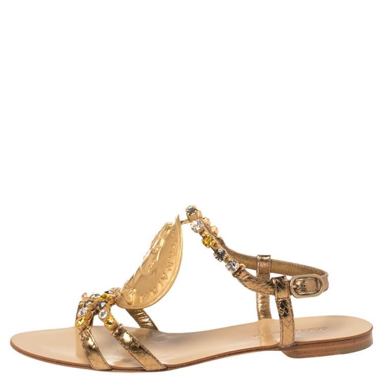 Pre Owned Dolce & Gabbana Metallic Gold Python Embossed Leather Embellished Ayers Flat Sandals Size 38