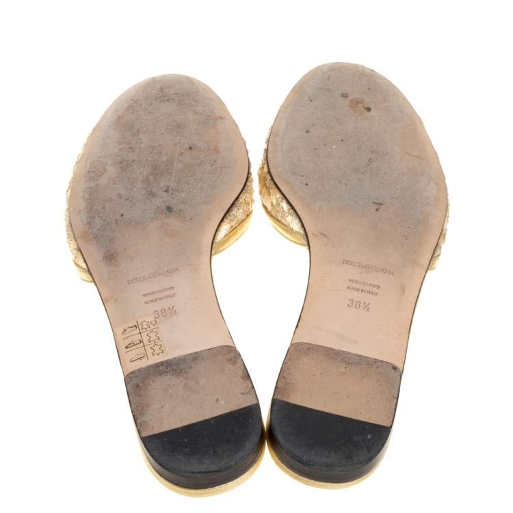 Pre Owned Dolce & Gabbana Gold Lace Sofia Crystal Embellished Slides Sandals Size 38.5