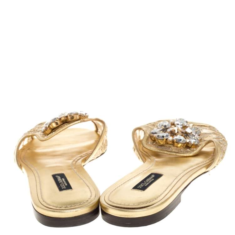 Pre Owned Dolce & Gabbana Gold Lace Sofia Crystal Embellished Slides Sandals Size 38.5