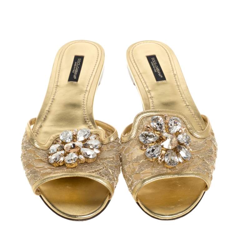 Pre Owned Dolce & Gabbana Gold Lace Sofia Crystal Embellished Slides Sandals Size 38.5