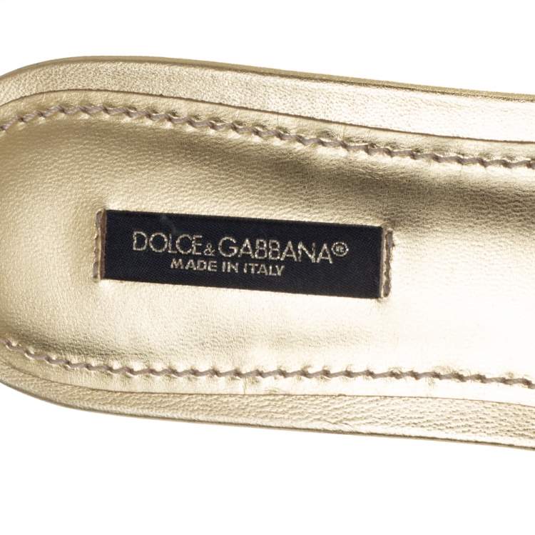 Pre Owned Dolce & Gabbana Gold Lace Sofia Crystal Embellished Slides Sandals Size 38.5
