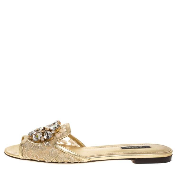 Pre Owned Dolce & Gabbana Gold Lace Sofia Crystal Embellished Slides Sandals Size 38.5