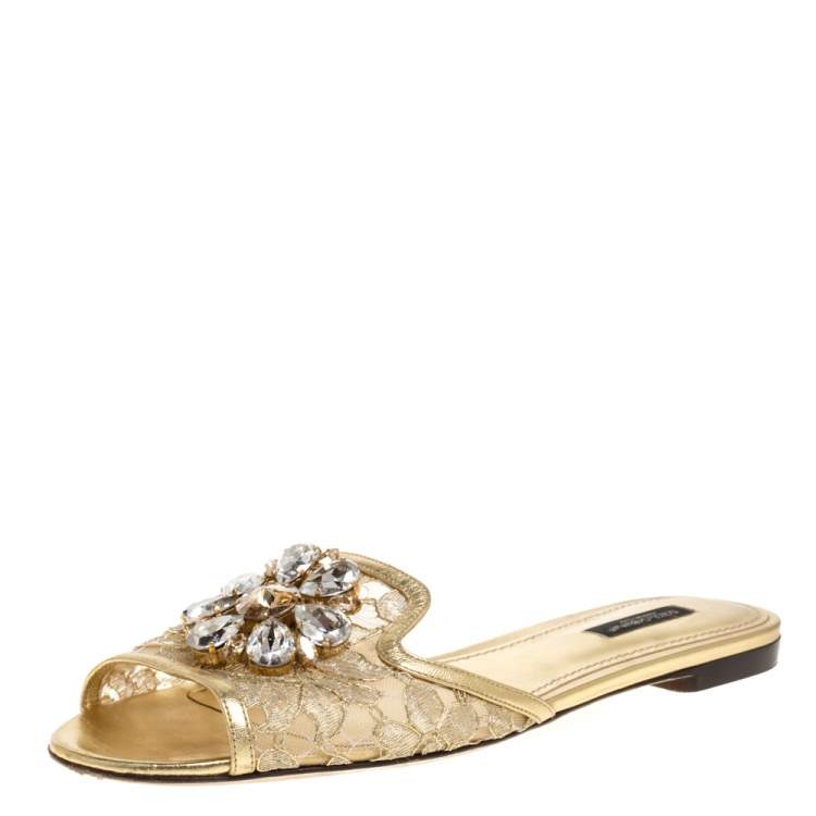 Pre Owned Dolce & Gabbana Gold Lace Sofia Crystal Embellished Slides Sandals Size 38.5