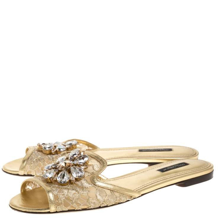Pre Owned Dolce & Gabbana Gold Lace Sofia Crystal Embellished Slides Sandals Size 38.5