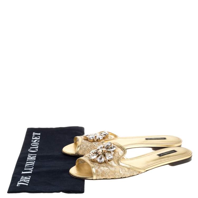 Pre Owned Dolce & Gabbana Gold Lace Sofia Crystal Embellished Slides Sandals Size 38.5