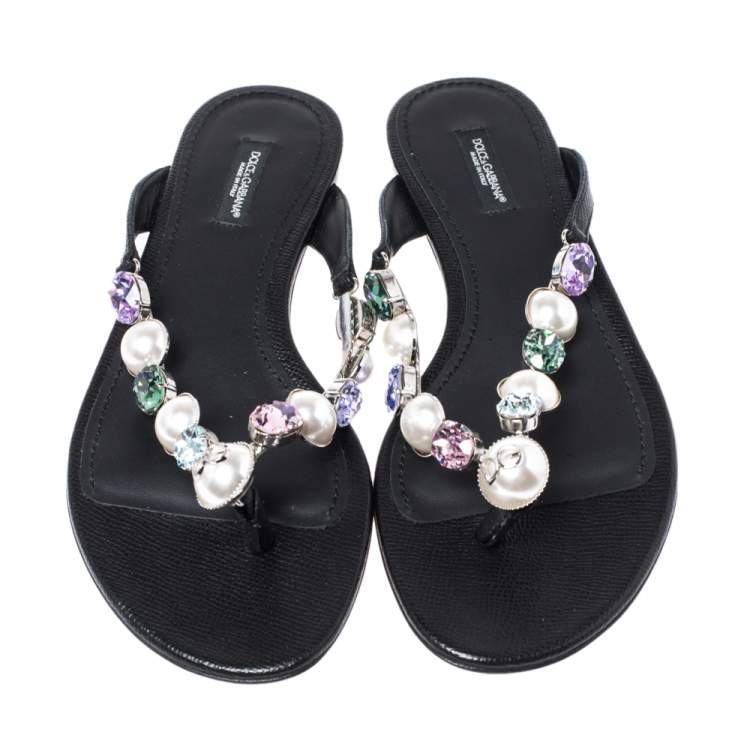 Pre Owned Dolce & Gabbana Black Leather Crystal Embellished Thong Flat Sandals Size 38
