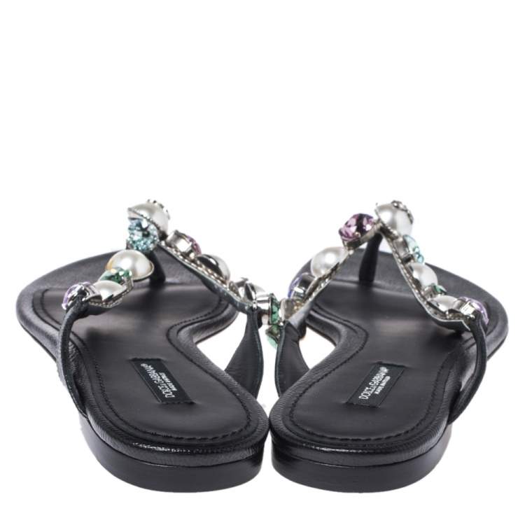 Pre Owned Dolce & Gabbana Black Leather Crystal Embellished Thong Flat Sandals Size 38