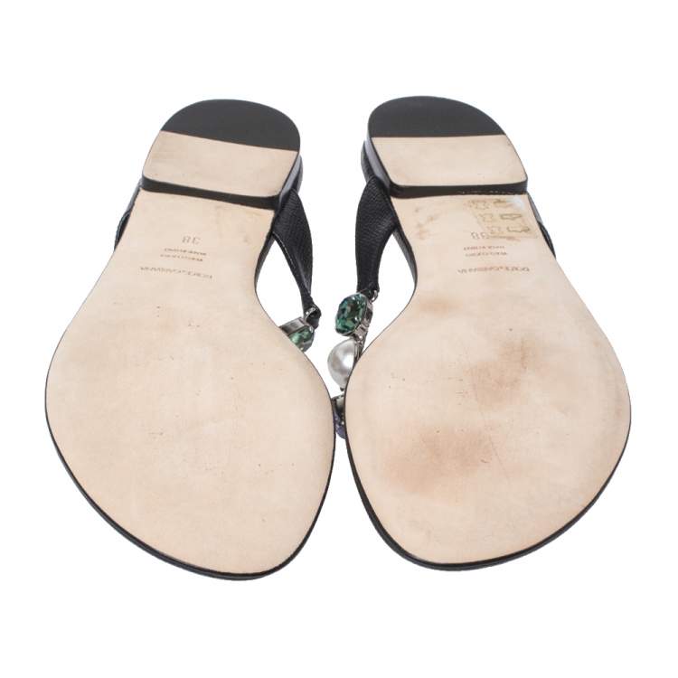 Pre Owned Dolce & Gabbana Black Leather Crystal Embellished Thong Flat Sandals Size 38
