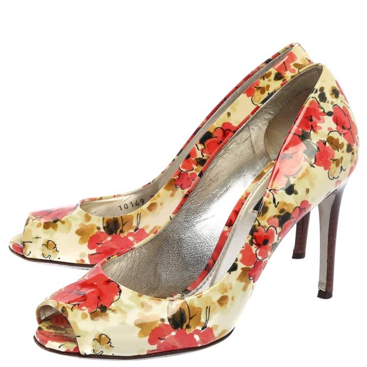 Pre Owned Dolce & Gabbana Multicolor Patent Leather Floral Peep Toe Pumps Size 38