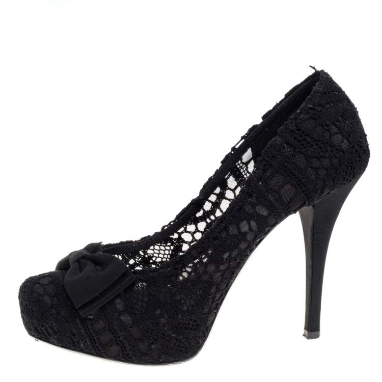 Pre Owned Dolce & Gabbana Black Lace Bow Platform Pumps Size 40