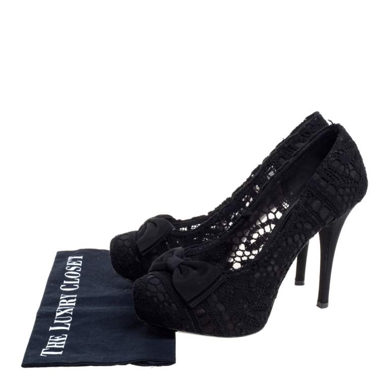 Pre Owned Dolce & Gabbana Black Lace Bow Platform Pumps Size 40