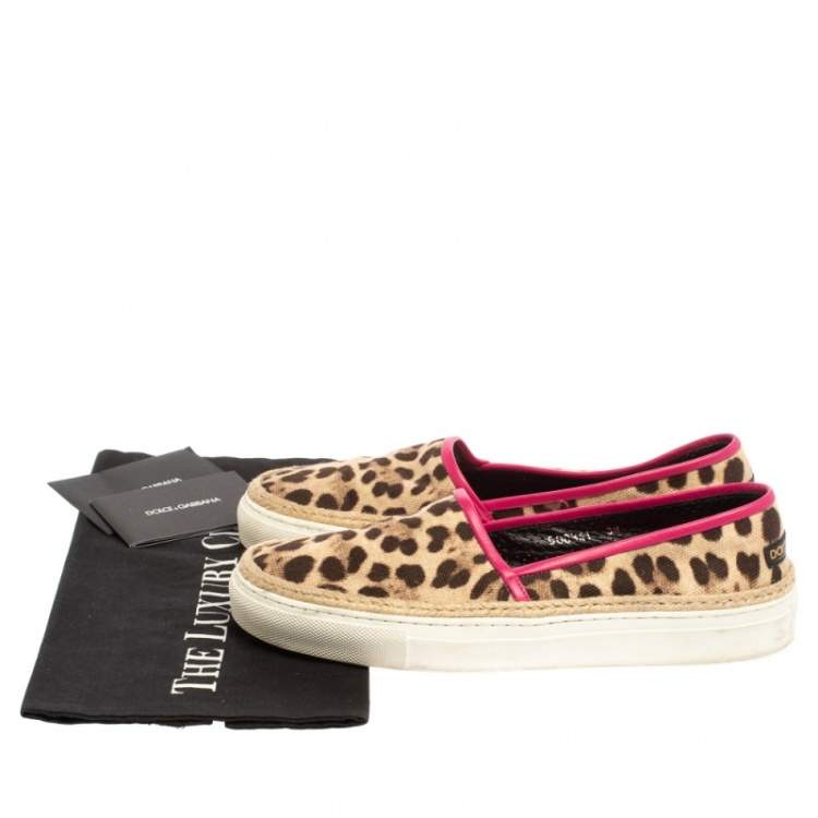 Pre Owned Dolce And Gabbana Brown/Beige Leopard Print Canvas Espadrille Slip On Sneakers Size 38