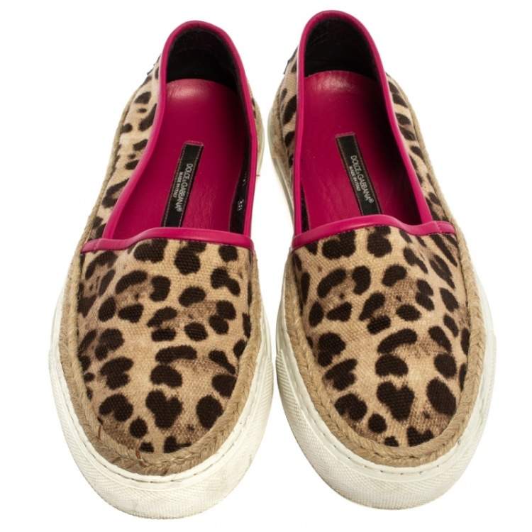 Pre Owned Dolce And Gabbana Brown/Beige Leopard Print Canvas Espadrille Slip On Sneakers Size 38