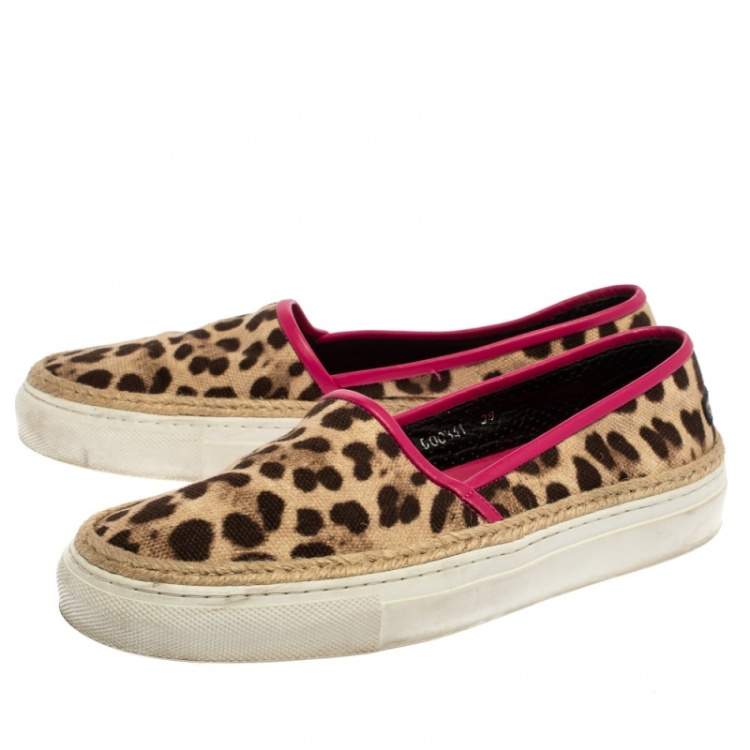 Pre Owned Dolce And Gabbana Brown/Beige Leopard Print Canvas Espadrille Slip On Sneakers Size 38