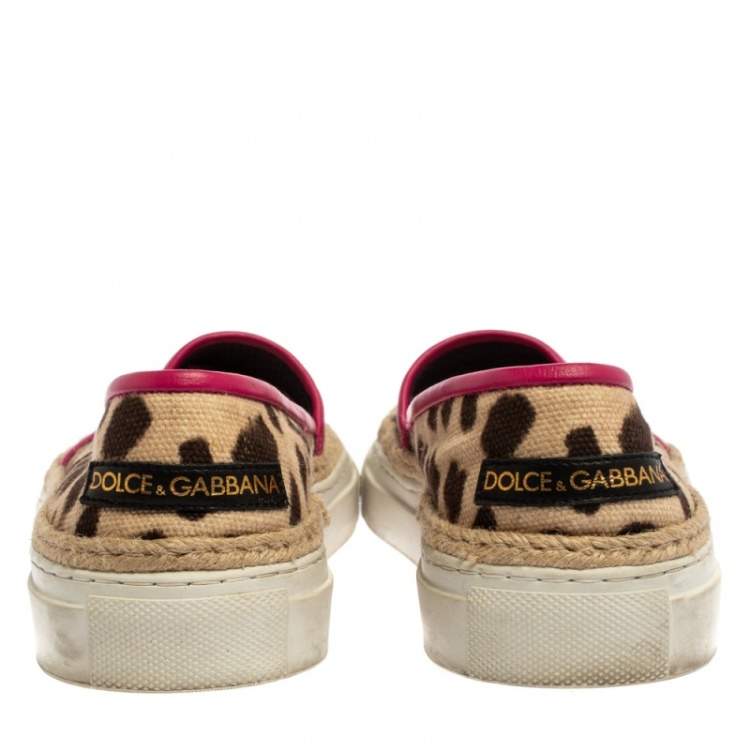Pre Owned Dolce And Gabbana Brown/Beige Leopard Print Canvas Espadrille Slip On Sneakers Size 38