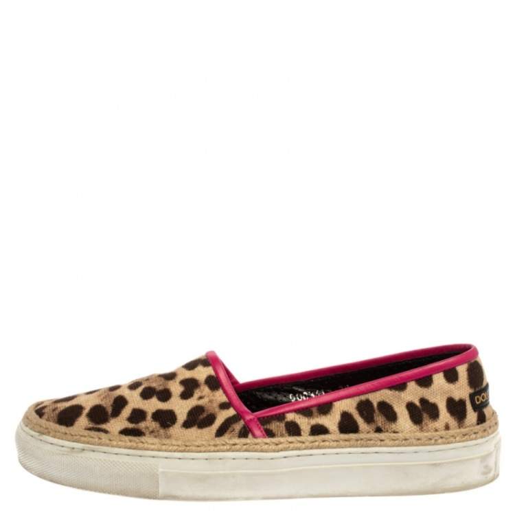 Pre Owned Dolce And Gabbana Brown/Beige Leopard Print Canvas Espadrille Slip On Sneakers Size 38