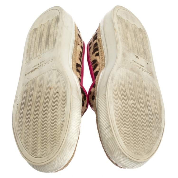 Pre Owned Dolce And Gabbana Brown/Beige Leopard Print Canvas Espadrille Slip On Sneakers Size 38