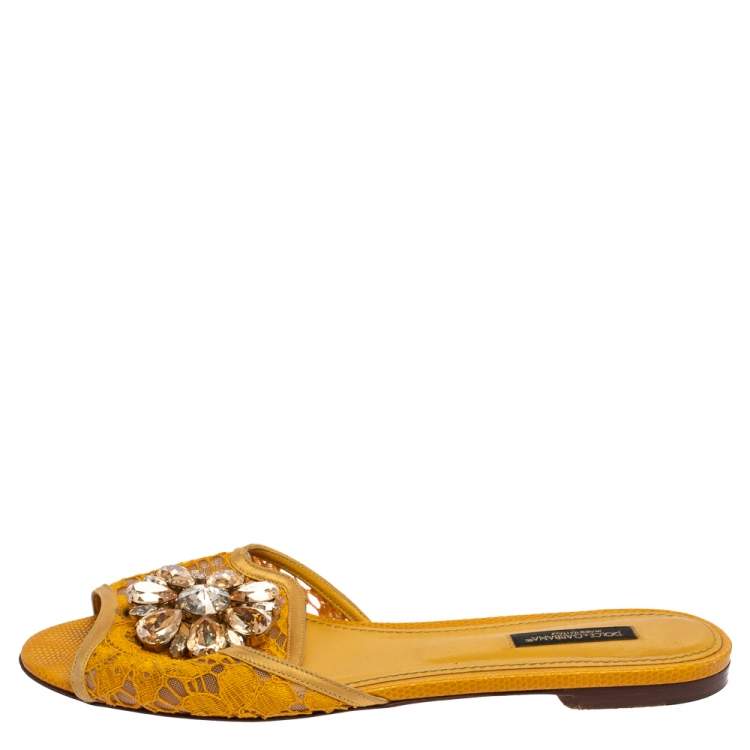 Pre Owned Dolce & Gabbana Mustard Lace Crystal Embellished Flat Slides Size 38