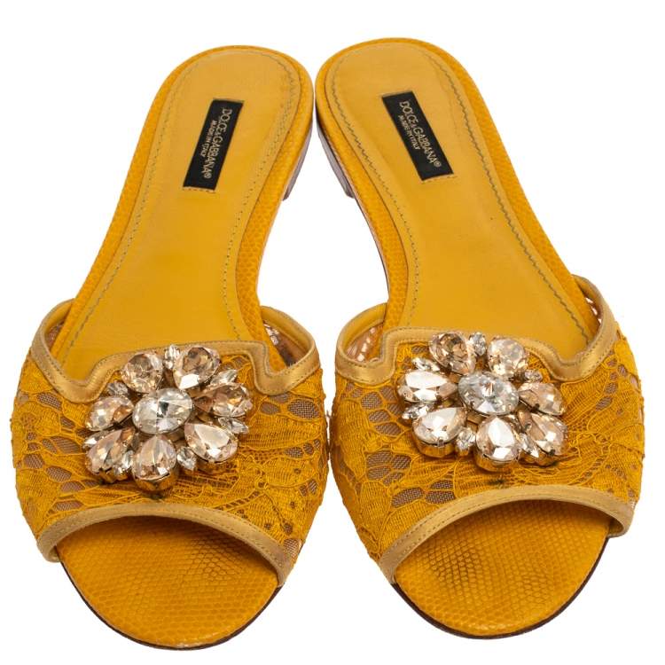 Pre Owned Dolce & Gabbana Mustard Lace Crystal Embellished Flat Slides Size 38