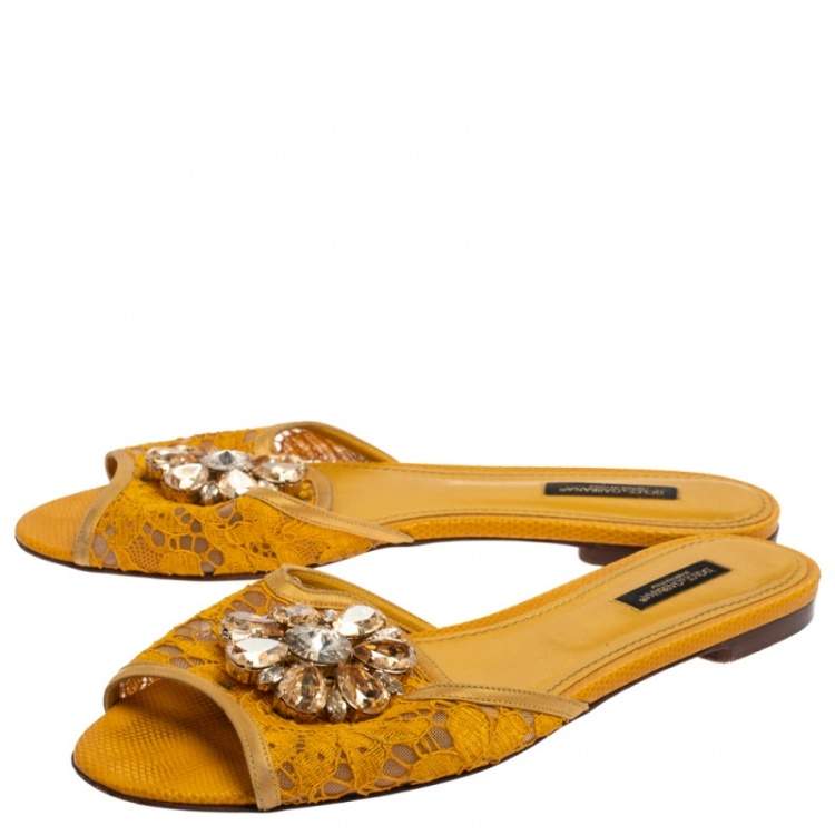 Pre Owned Dolce & Gabbana Mustard Lace Crystal Embellished Flat Slides Size 38