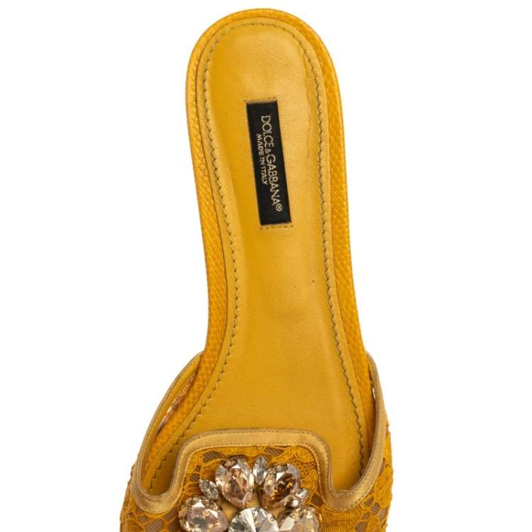 Pre Owned Dolce & Gabbana Mustard Lace Crystal Embellished Flat Slides Size 38