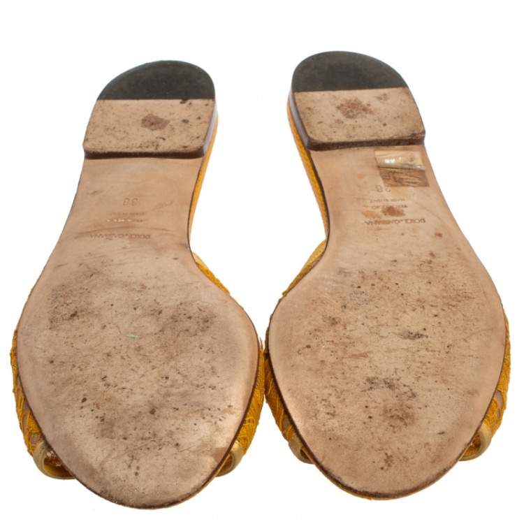 Pre Owned Dolce & Gabbana Mustard Lace Crystal Embellished Flat Slides Size 38