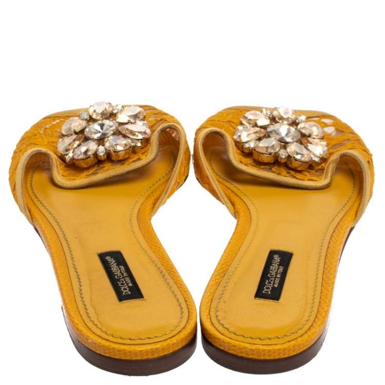 Pre Owned Dolce & Gabbana Mustard Lace Crystal Embellished Flat Slides Size 38