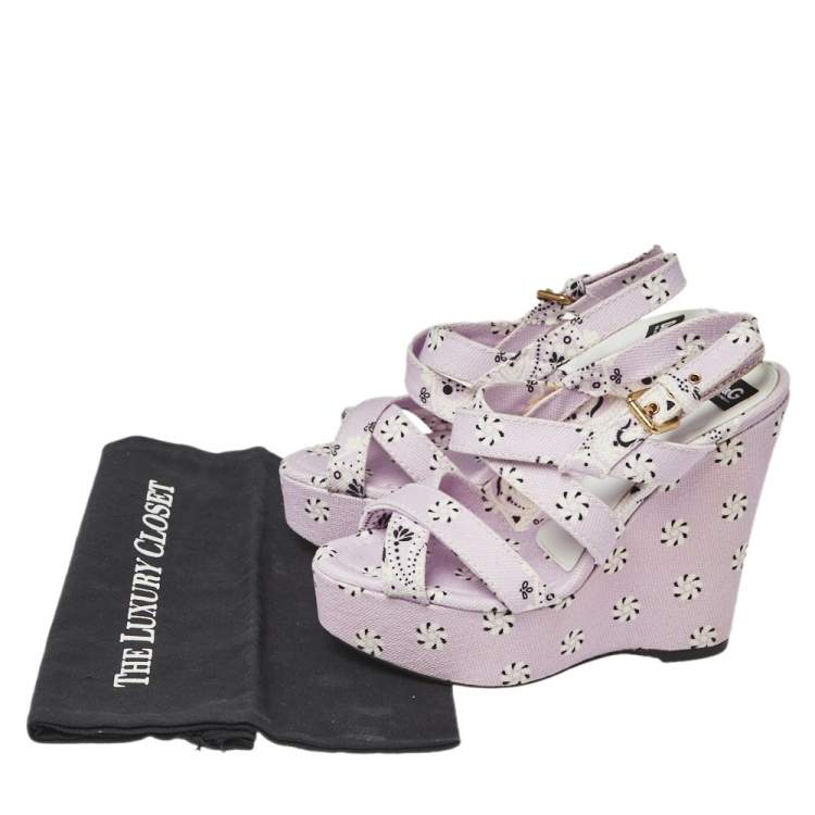 Pre Owned Dolce & Gabbana Purple Floral Print Canvas Wedge Platform Slingback Sandals Size 38