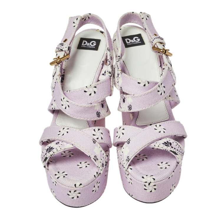 Pre Owned Dolce & Gabbana Purple Floral Print Canvas Wedge Platform Slingback Sandals Size 38