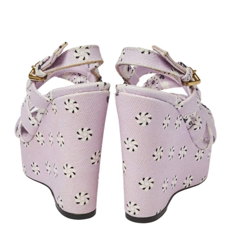 Pre Owned Dolce & Gabbana Purple Floral Print Canvas Wedge Platform Slingback Sandals Size 38