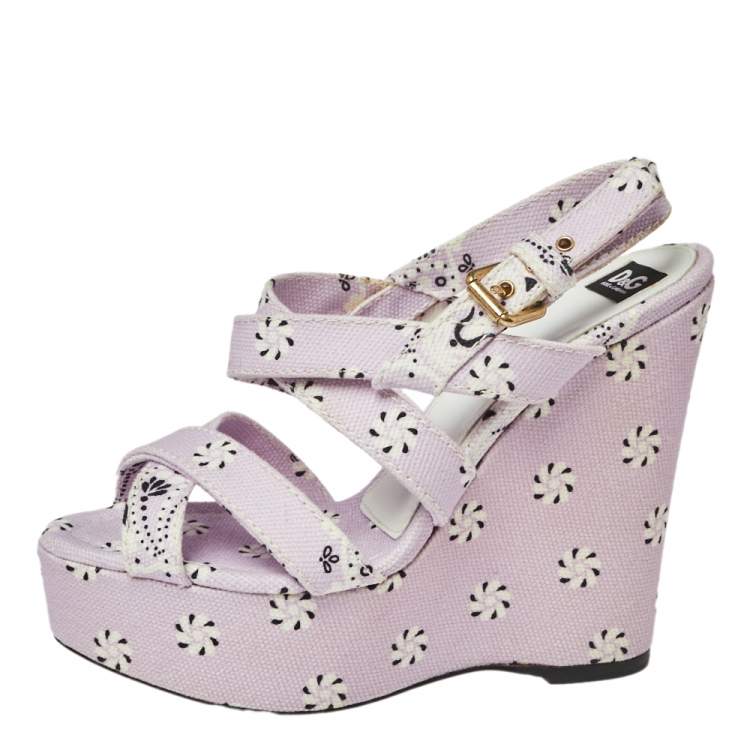 Pre Owned Dolce & Gabbana Purple Floral Print Canvas Wedge Platform Slingback Sandals Size 38