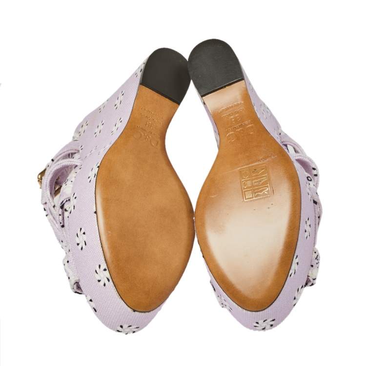 Pre Owned Dolce & Gabbana Purple Floral Print Canvas Wedge Platform Slingback Sandals Size 38