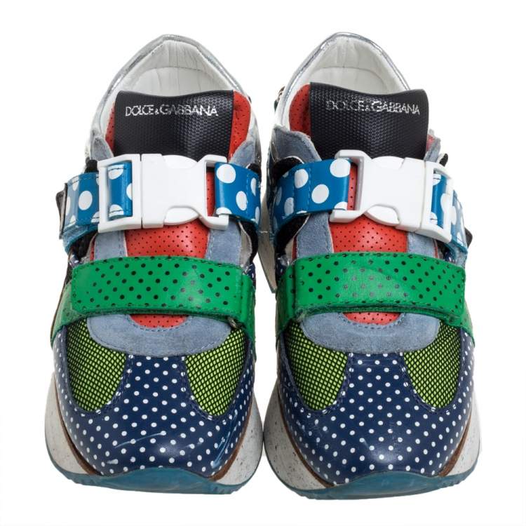 Pre Owned Dolce & Gabbana Multicolor Mesh And Suede Leather Polka Dot Low Top Platform Sneakers Size 38
