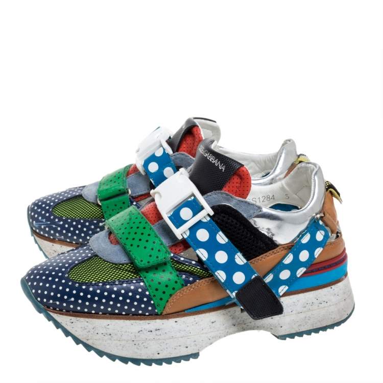 Pre Owned Dolce & Gabbana Multicolor Mesh And Suede Leather Polka Dot Low Top Platform Sneakers Size 38