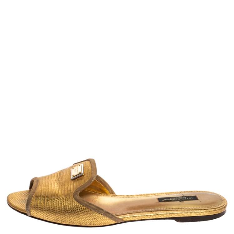 Pre Owned Dolce & Gabbana Metallic Gold Lizard Embossed Leather Sofia Flat Slides Size 37